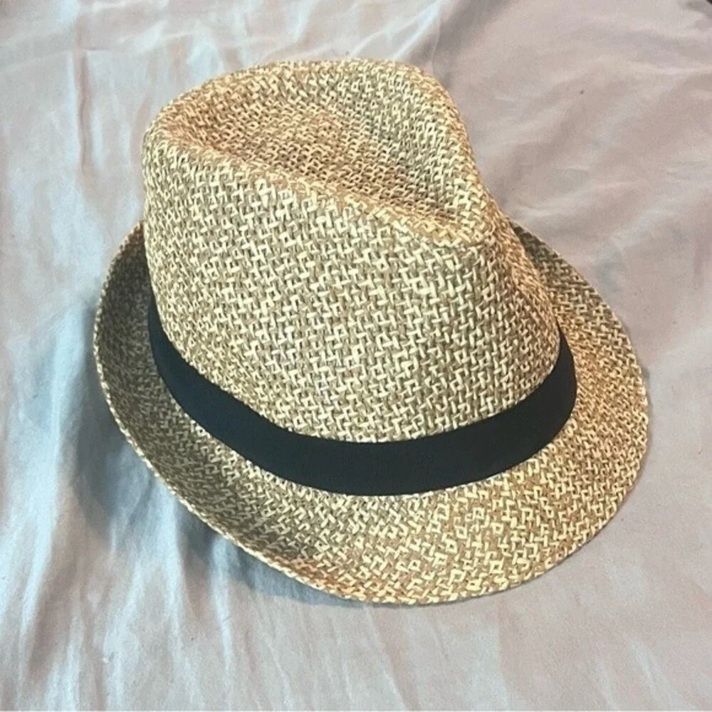 Woman’s black banded straw fedora hat